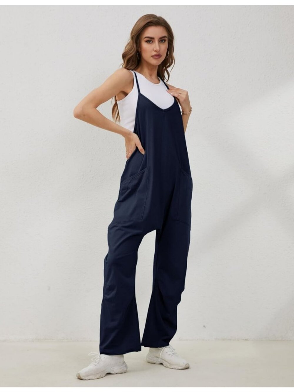 Women's Dark Blue V Neck Sleeveless Overalls Stretchy Adjustable Strap Romper - Picture 5 of 6